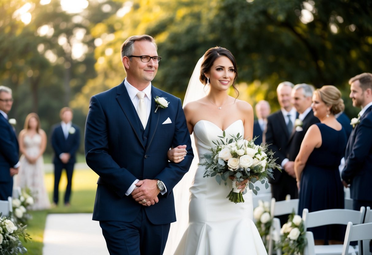 A figure in formal attire stands beside the bride, ready to escort her down the aisle