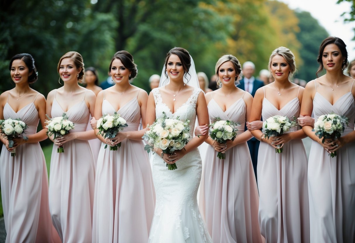 Bridesmaids walk in a line, with the first one leading the way and the others following behind in a procession