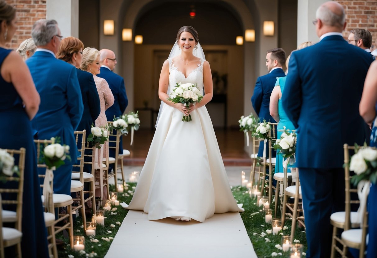 A bride stands alone at the end of the aisle, looking confident and content as she prepares to walk towards her future