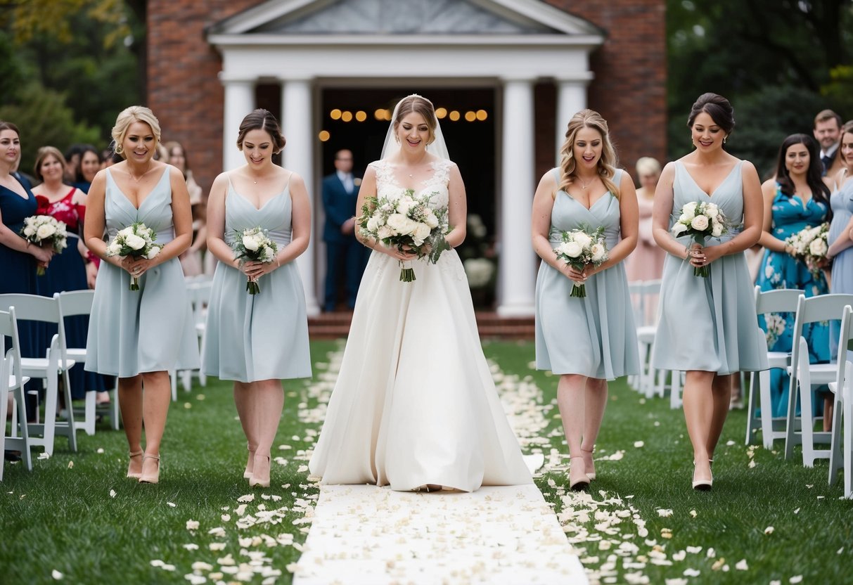 Bridesmaids walk in front, scattering flower petals on the path leading to the ceremony altar