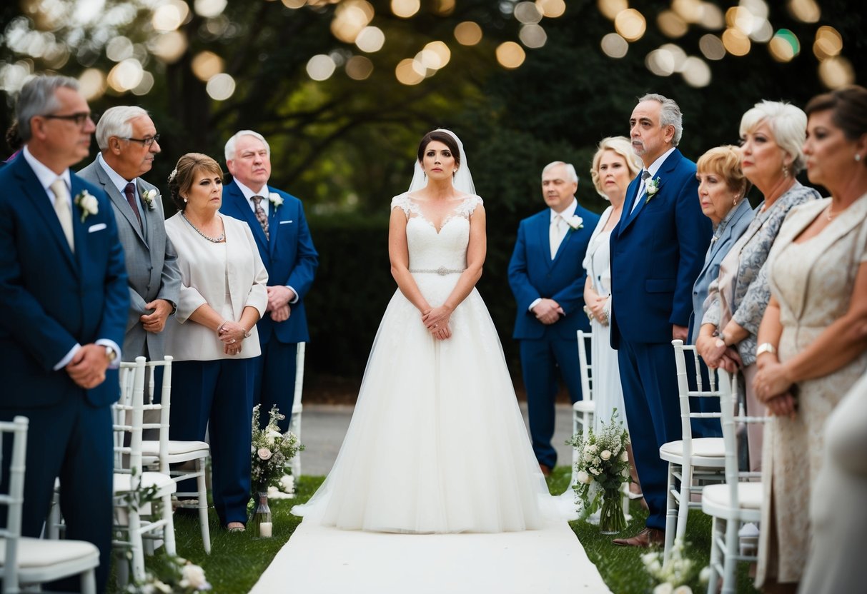 A bride stands alone at the start of the aisle, contemplating as family members look on with varying expressions of concern and expectation