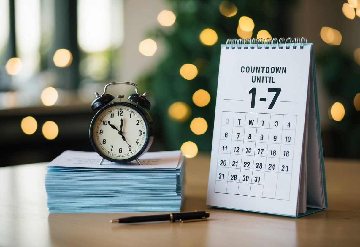A calendar with a stack of invitations and a countdown clock showing the number of days until the event