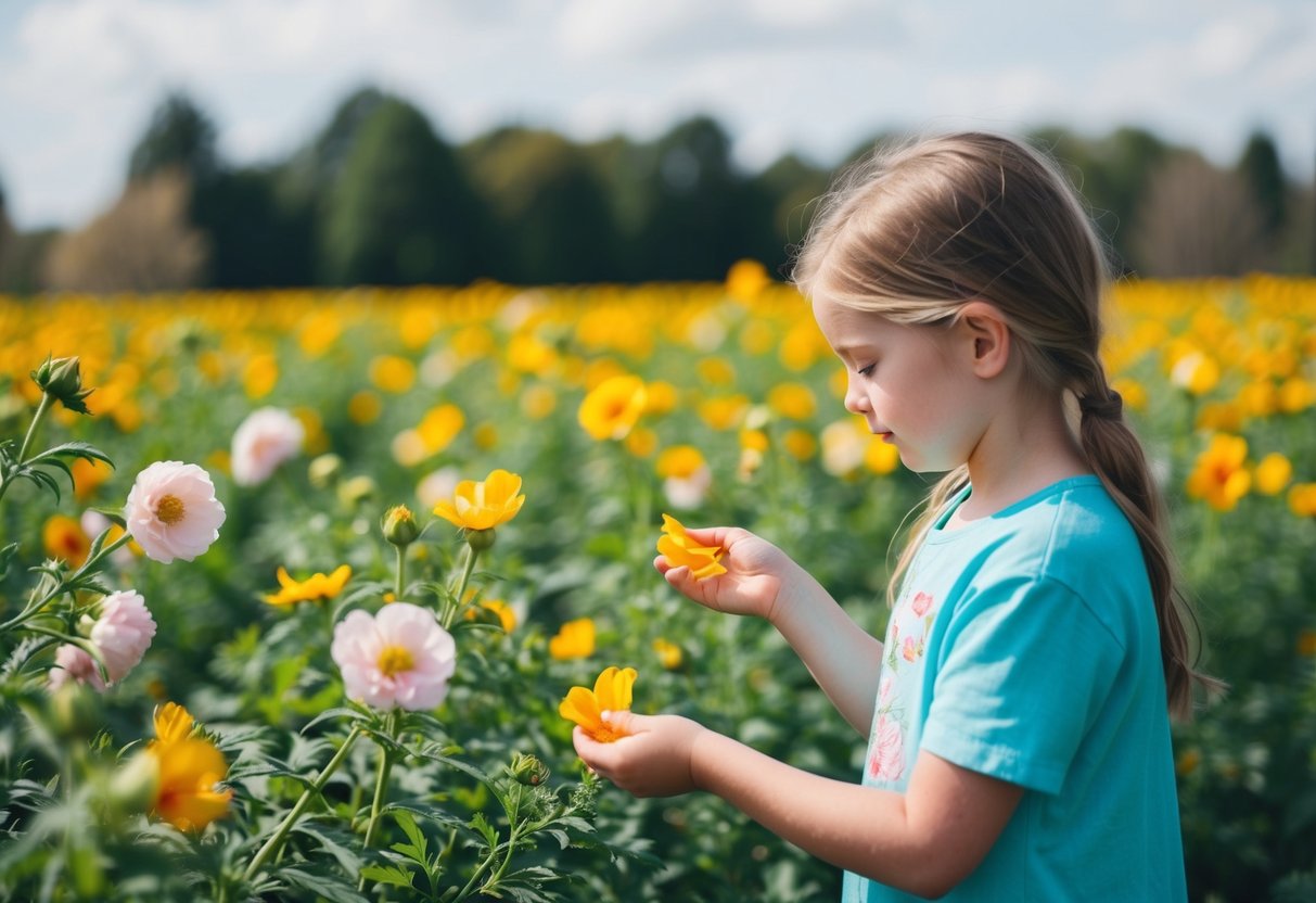A field of blooming flowers with a young girl picking petals