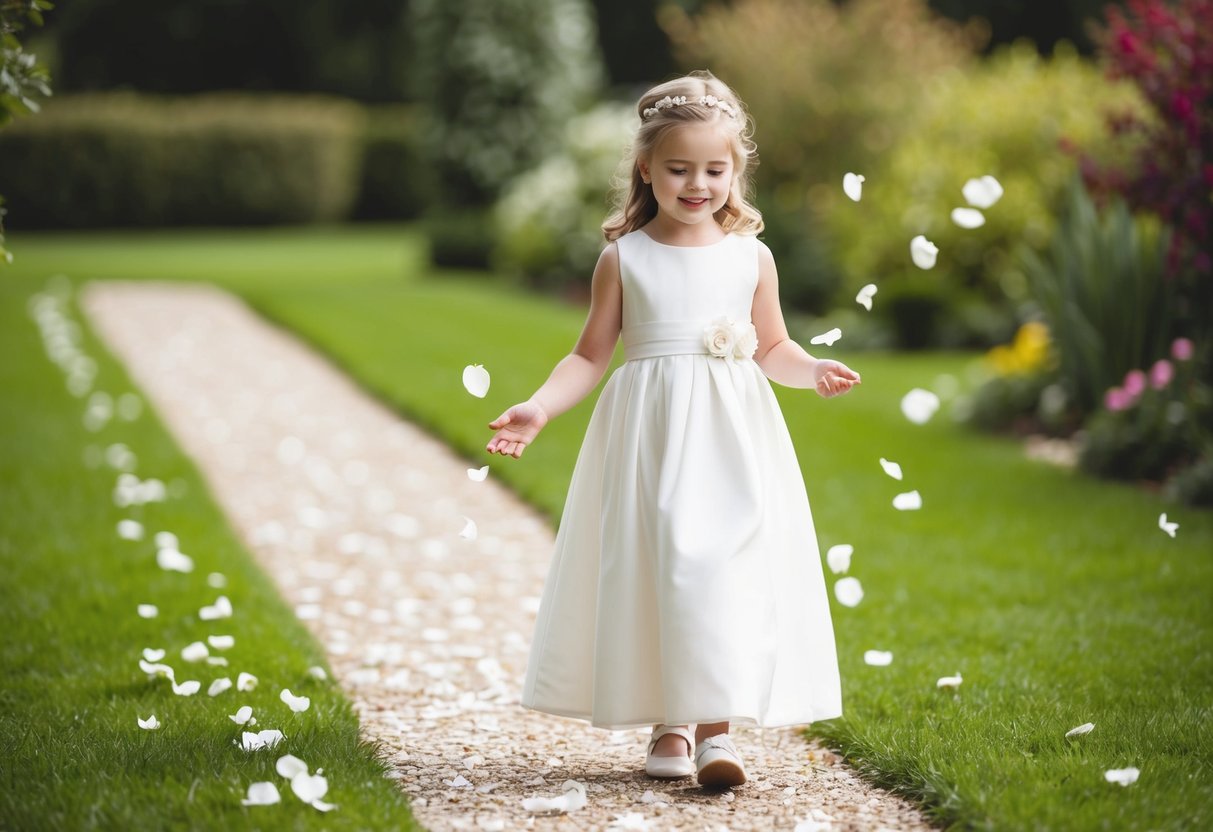 A young girl in a white dress scatters flower petals along a garden path, smiling as she performs her role as a flower girl