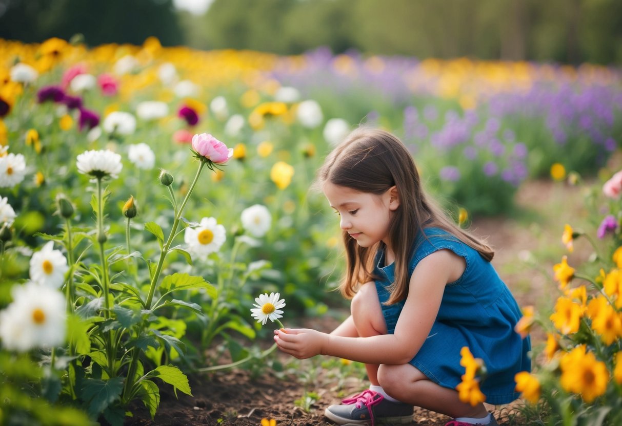 A field of blooming flowers, some in full bloom and others beginning to wilt, with a young girl gently plucking a fading flower from the ground