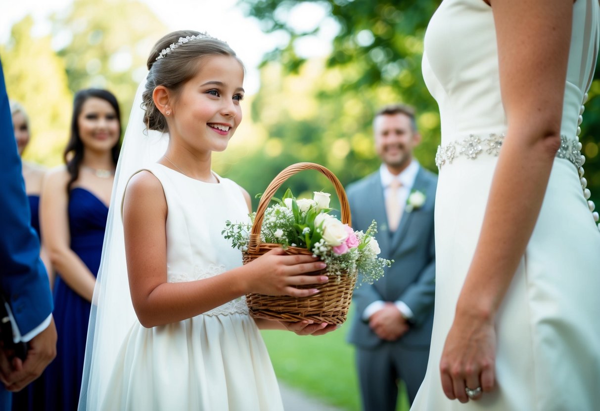 A young girl in a white dress holds a basket of flowers, standing beside a bride. She looks happy and excited