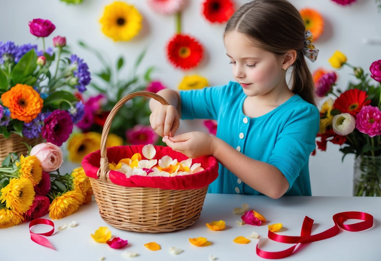 A young girl carefully arranging flower petals in a basket, surrounded by colorful blooms and ribbons