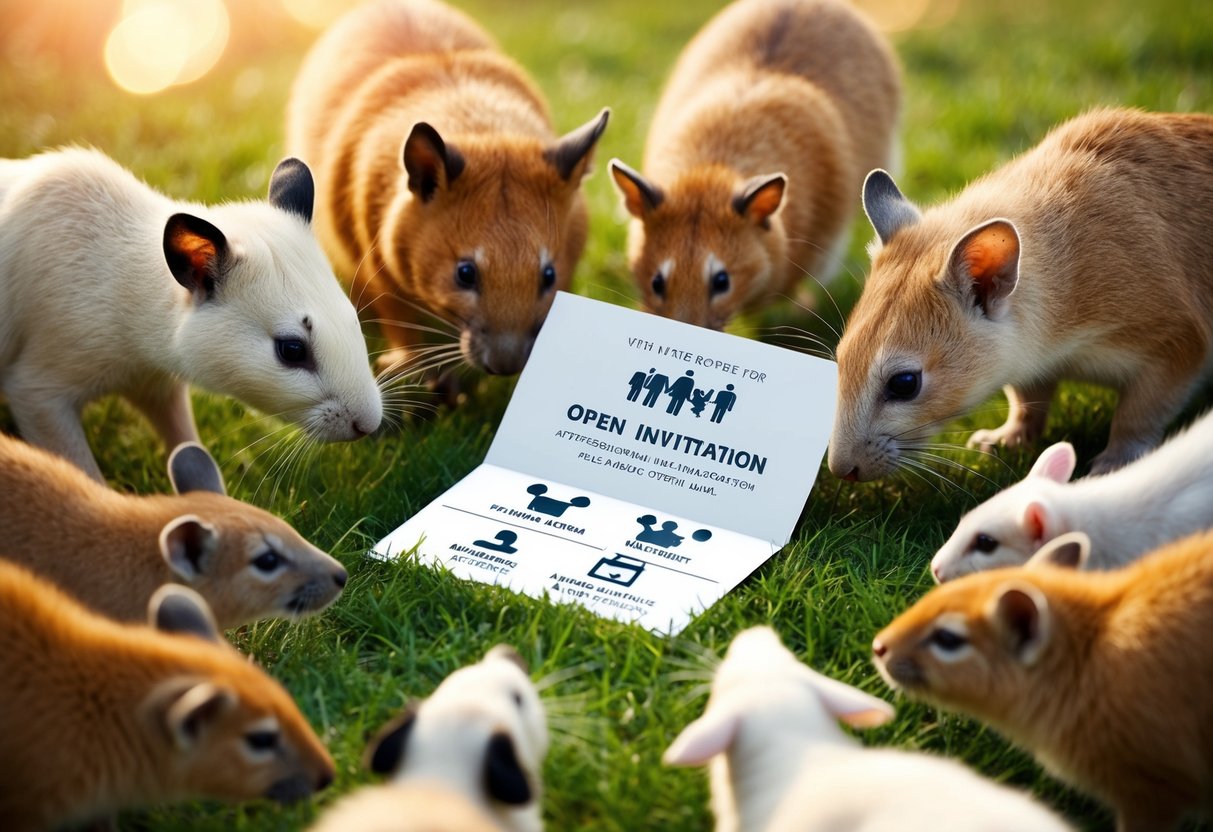 A group of animals gathering around an open invitation with various symbols representing attendance options