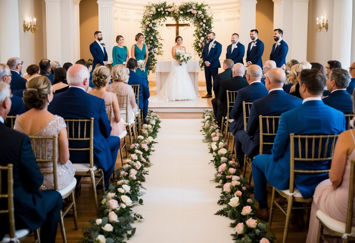 Guests sit in rows facing an altar adorned with flowers. Aisle divides seating for bride and groom's families. Ushers guide attendees to their seats