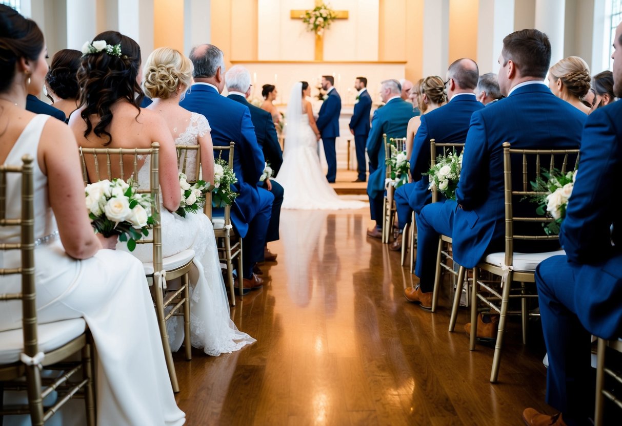 Family and friends are seated in rows facing the altar, with the bride's family on the left and the groom's on the right