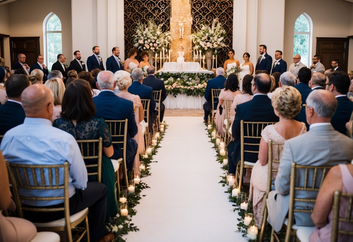 Guests seated in rows facing a decorated altar. Family and close friends sit in the front rows, while distant relatives and acquaintances sit further back