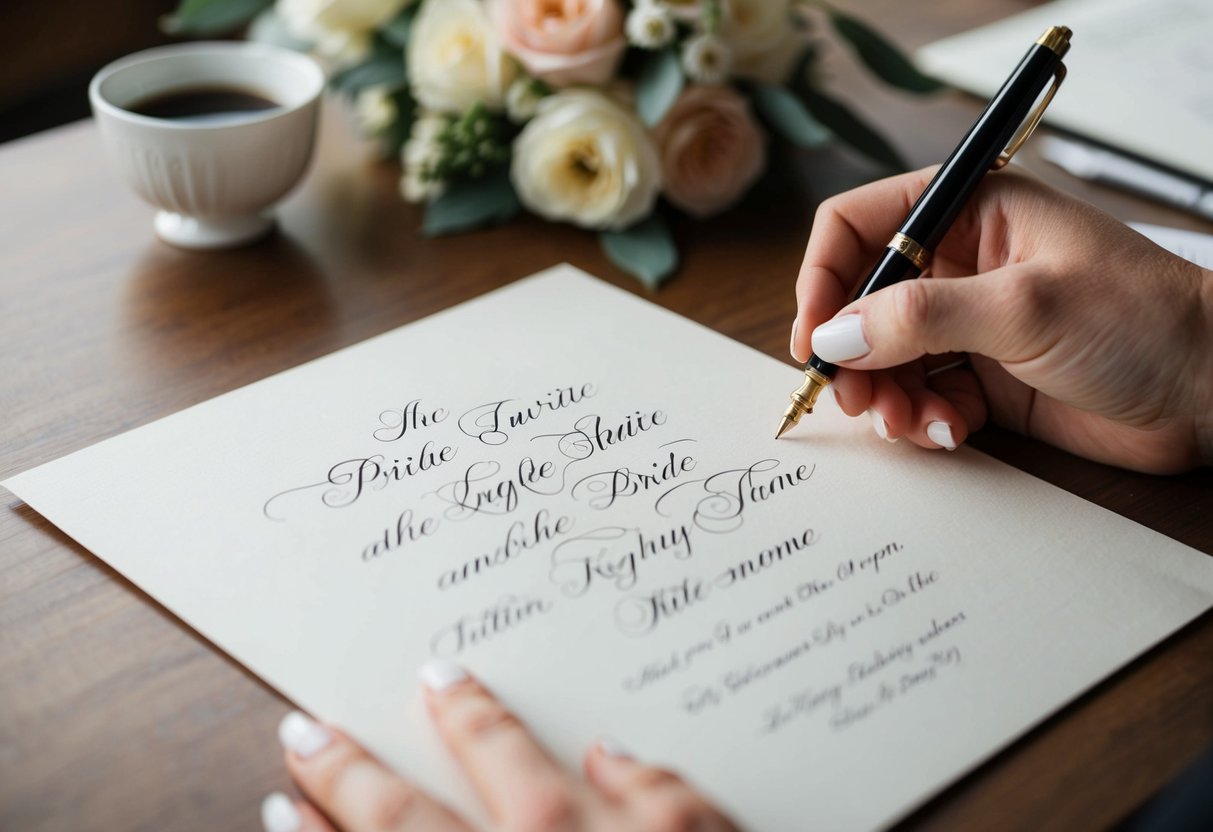 A calligrapher carefully arranges elegant script on a blank invitation, focusing on the bride's name