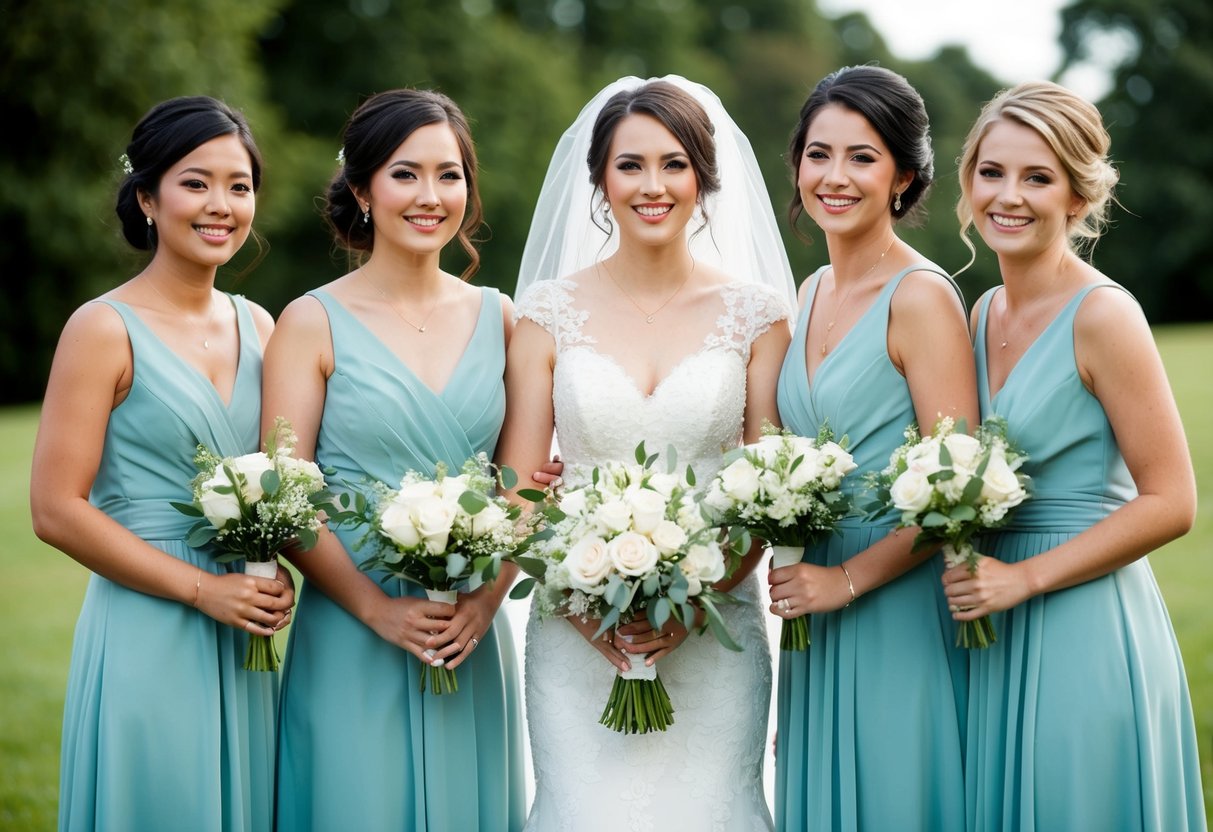 A bride and her fiance's sisters stand together, smiling and holding bouquets, dressed in matching bridesmaid attire
