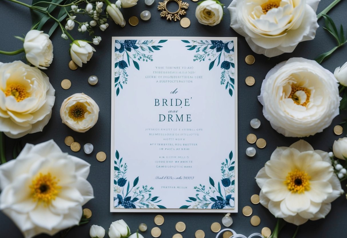 A wedding invitation with the bride's name listed first, surrounded by elegant floral and decorative elements