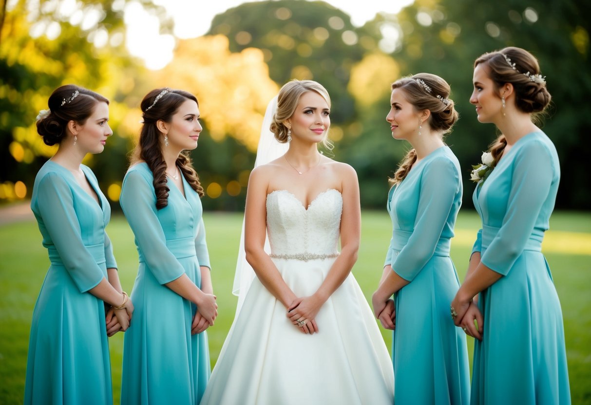 A bride-to-be stands between her fiancé and his sisters, contemplating their roles in the wedding