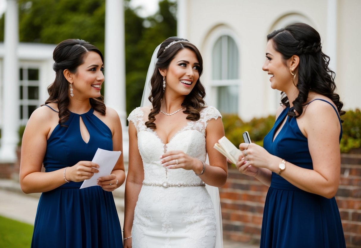 A bride and her fiancé's sisters standing together, discussing wedding details with a mix of excitement and concern
