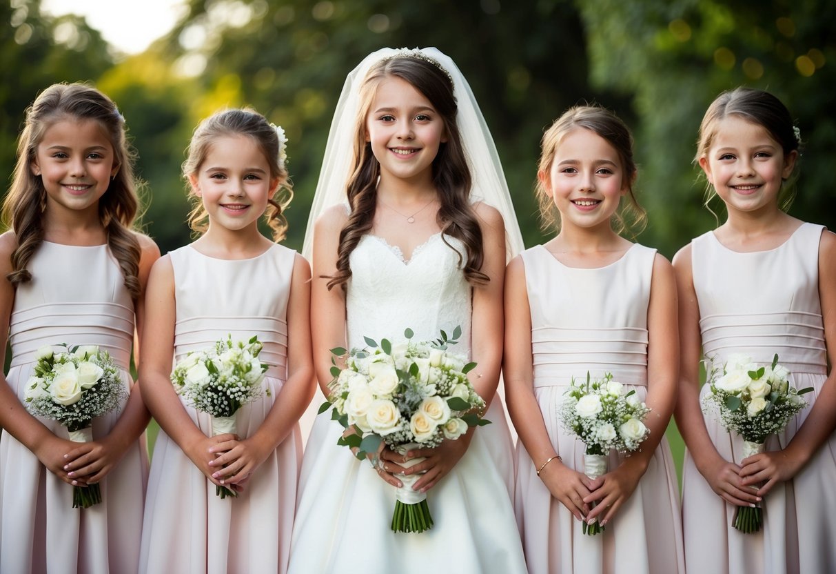 A group of young girls in matching dresses stand beside the bride, holding bouquets and smiling with excitement