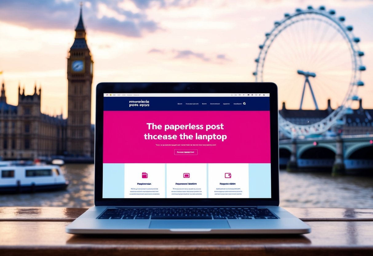 A laptop with the Paperless Post website open, set against a backdrop of iconic UK landmarks like Big Ben and the London Eye