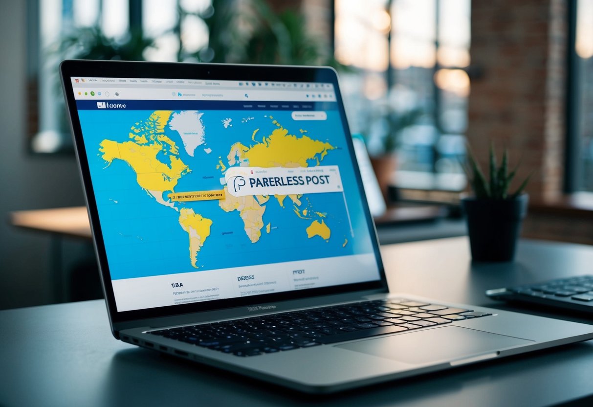 A laptop open on a desk, with a UK map and Paperless Post website displayed on the screen