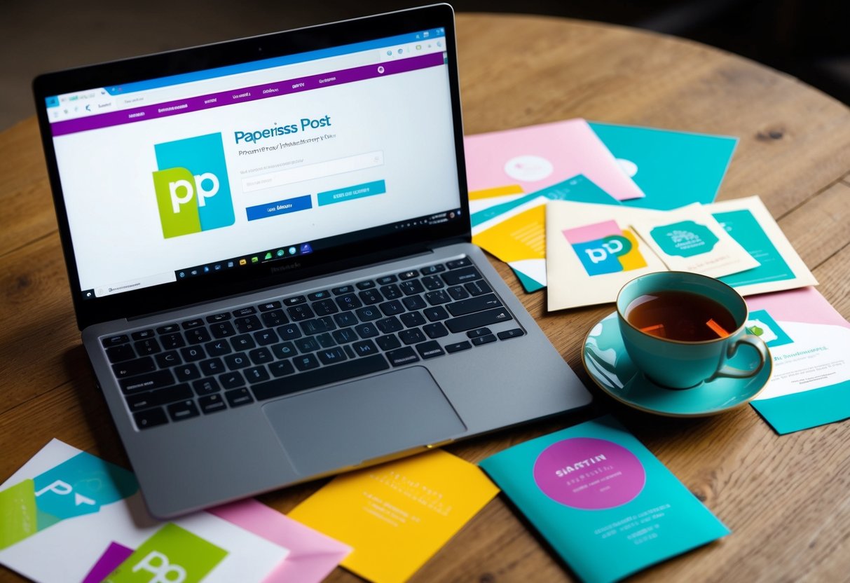 A laptop displaying Paperless Post's website with a UK address entered, surrounded by colorful invitation designs and a cup of tea