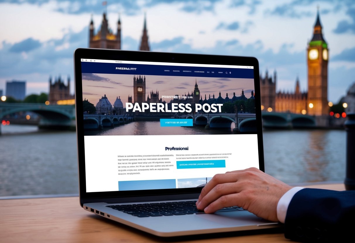 A laptop with Paperless Post website open, UK landmarks in the background