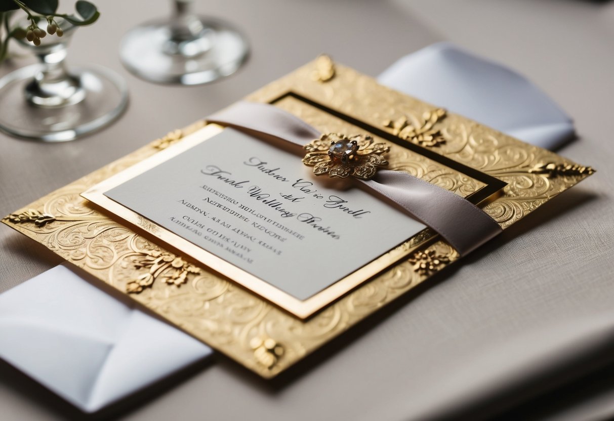 A luxurious wedding invite with gold foil, embossed details, and a satin ribbon