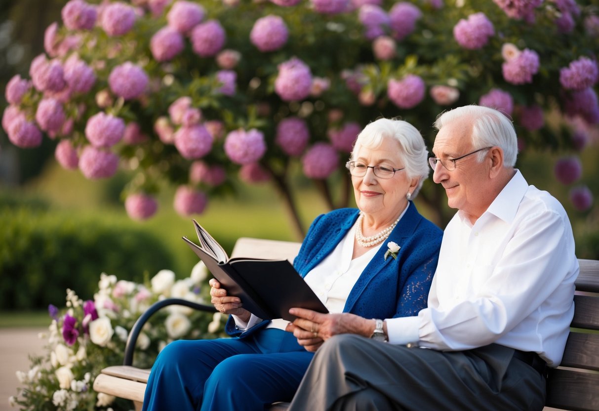 Elderly couple sitting on a bench, surrounded by blooming flowers, gazing at a wedding photo album