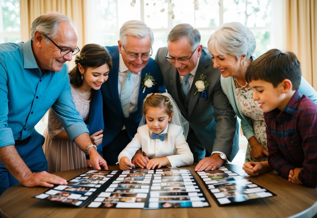 A family gathering around a wedding photo list, grandparents included