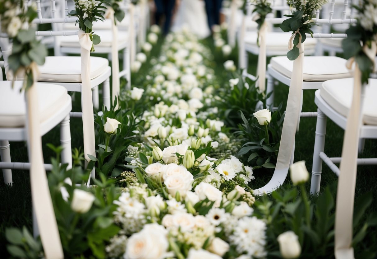 A trail of flowers winds down the aisle, secured by delicate ribbon and nestled among lush greenery
