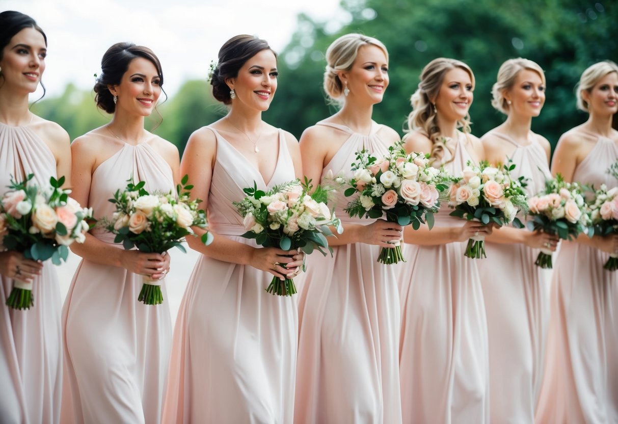 Bridesmaids walk down aisle, each holding a bouquet at waist level, flowers facing forward