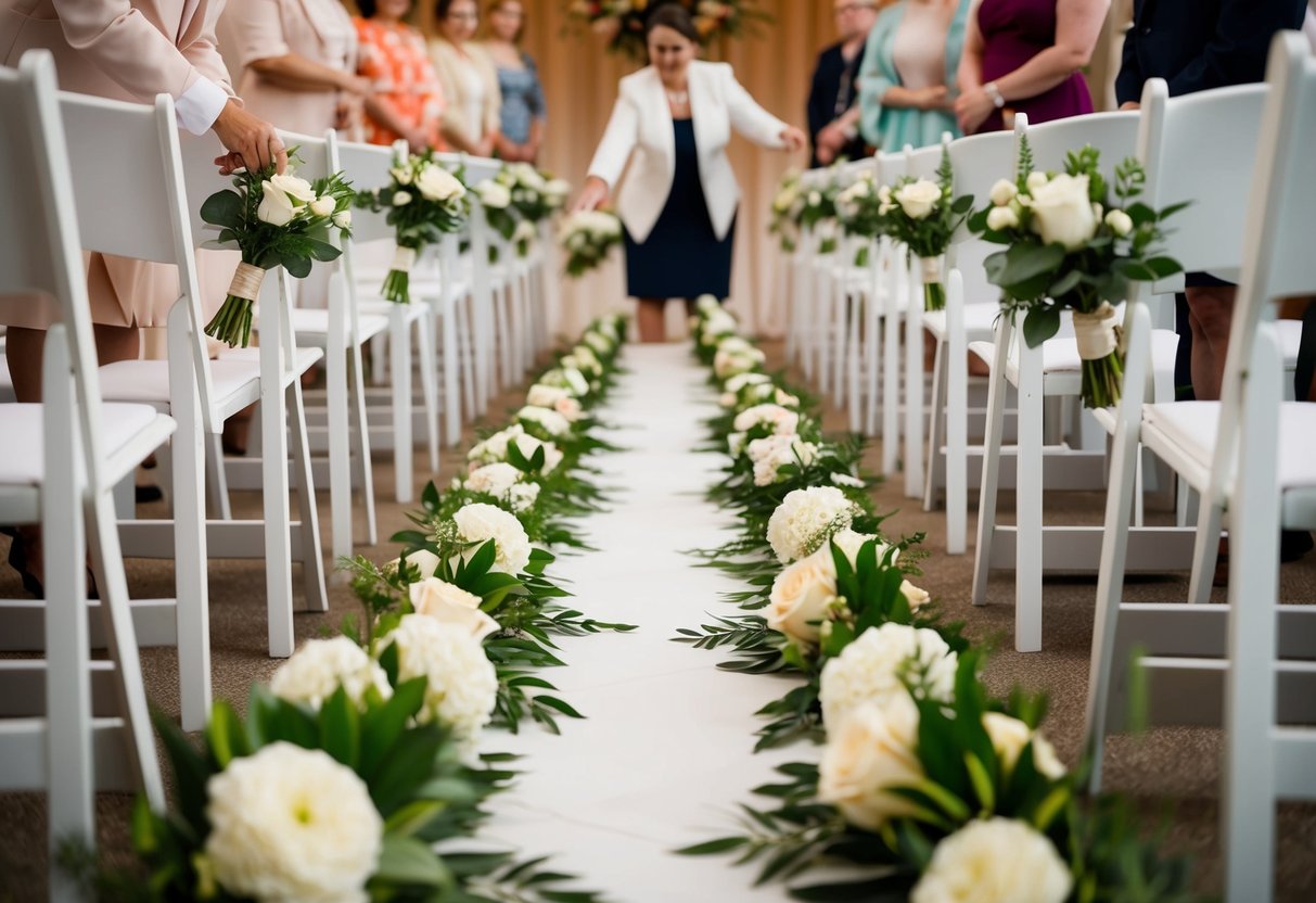 A wedding planner arranging flowers in a row down the aisle