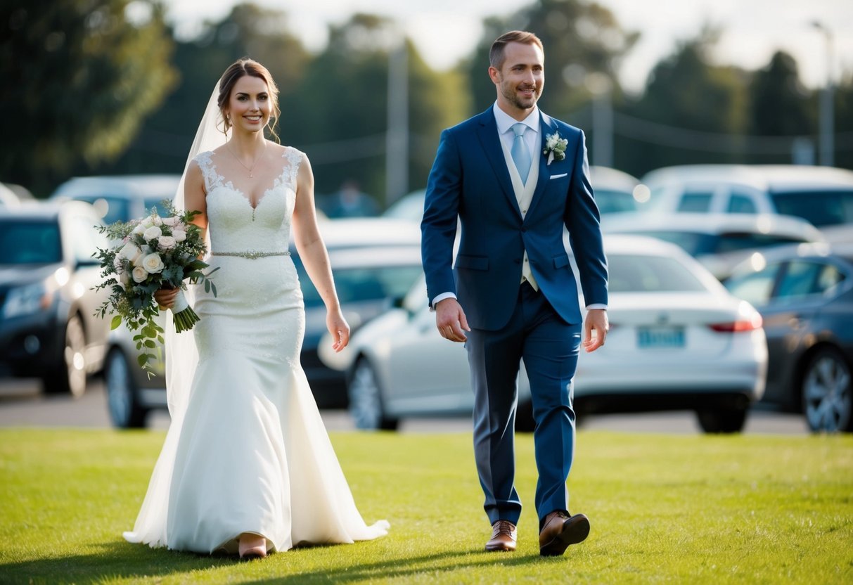 A bride walks on the left, holding a bouquet, while her groom walks on the right, both facing forward