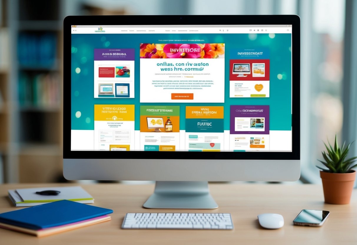 A computer screen displaying various online invitation websites with colorful and appealing designs