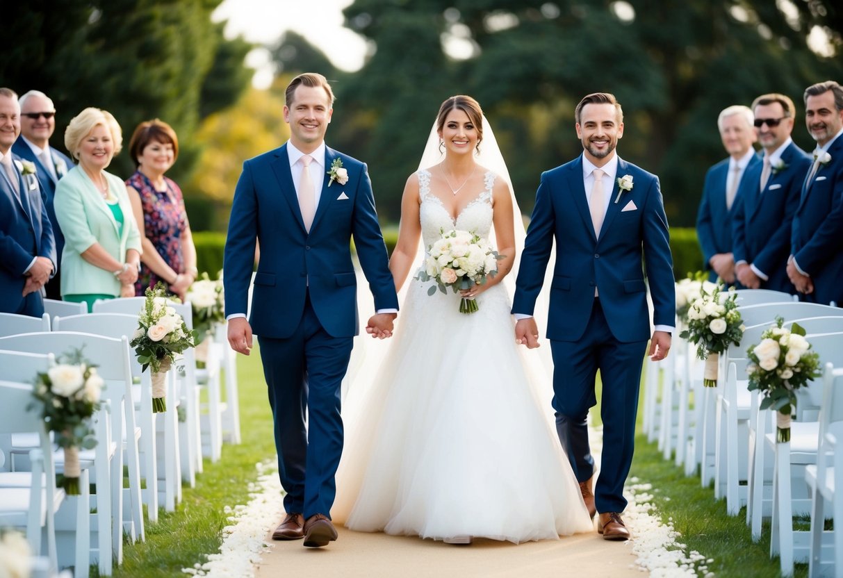 A bride walks on the left, while a groom walks on the right in a ceremonial setting