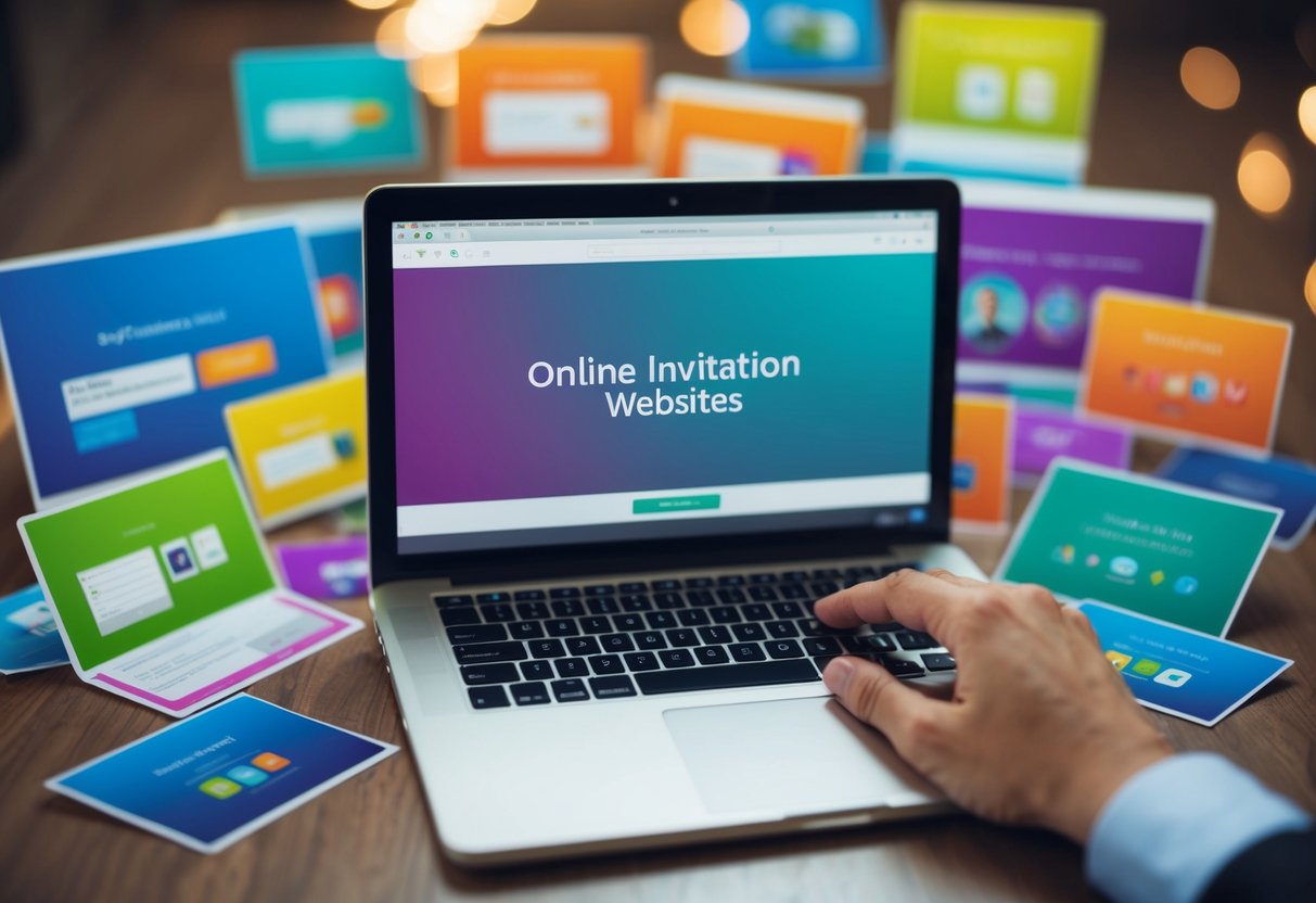 A laptop surrounded by colorful online invitation websites, with a person's hand hovering over the keyboard, ready to make a choice