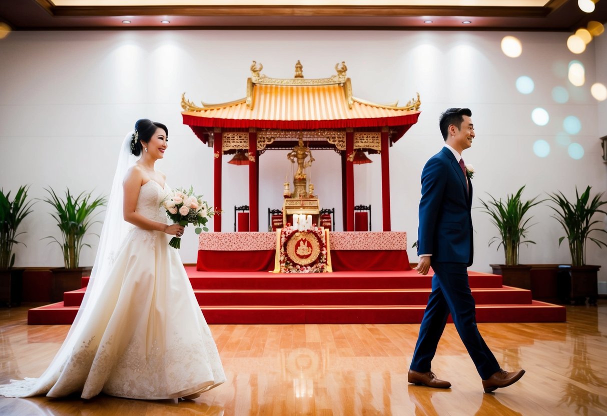 A bride walks on the left, holding a bouquet, while a groom walks on the right, in front of a traditional wedding altar with cultural symbols