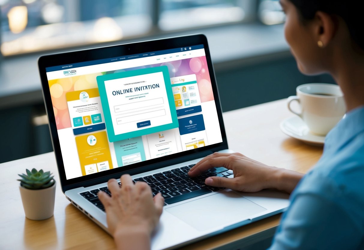 A laptop open to a colorful, user-friendly online invitation site, with various templates and customization options displayed on the screen