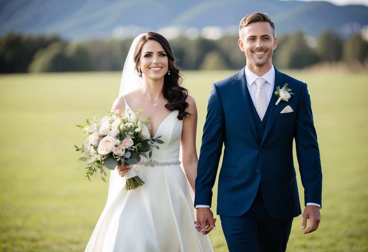 A bride walks on the left, holding a bouquet, while her groom walks on the right, both smiling and looking ahead