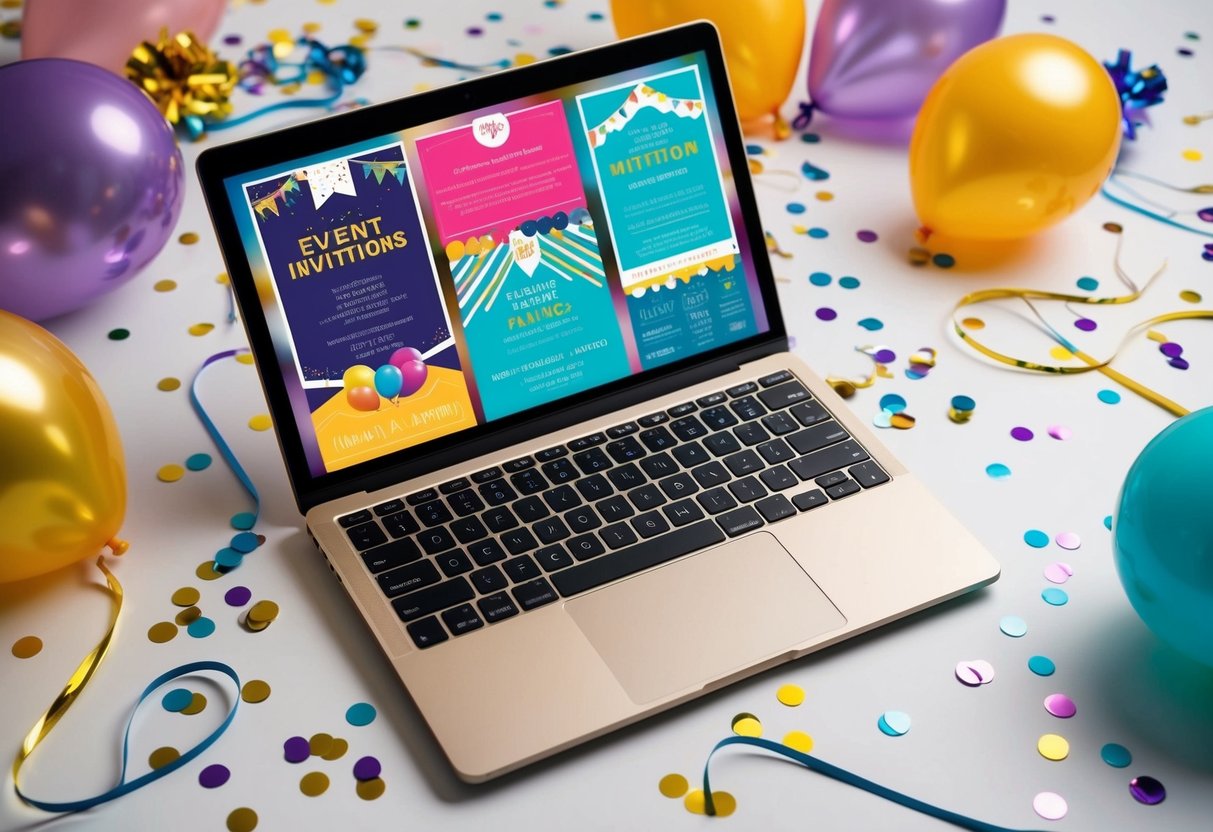 A laptop on a desk with a variety of colorful event invitations displayed on the screen, surrounded by decorative elements like confetti, balloons, and streamers