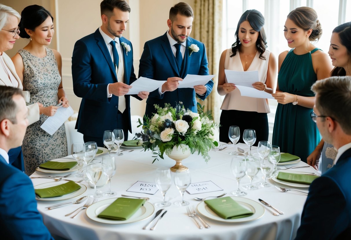 A table with place settings and a seating chart, surrounded by a group of people discussing and counting RSVPs for a wedding