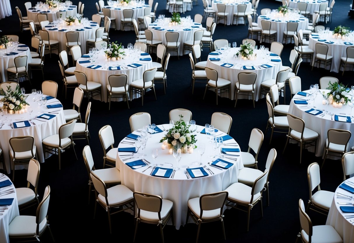 A wedding venue layout with tables and chairs arranged in different configurations to accommodate various types of guests