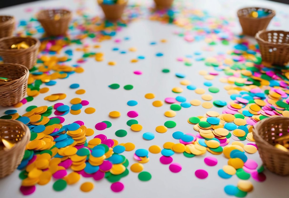 Colorful confetti scattered on a white table, surrounded by small decorative baskets
