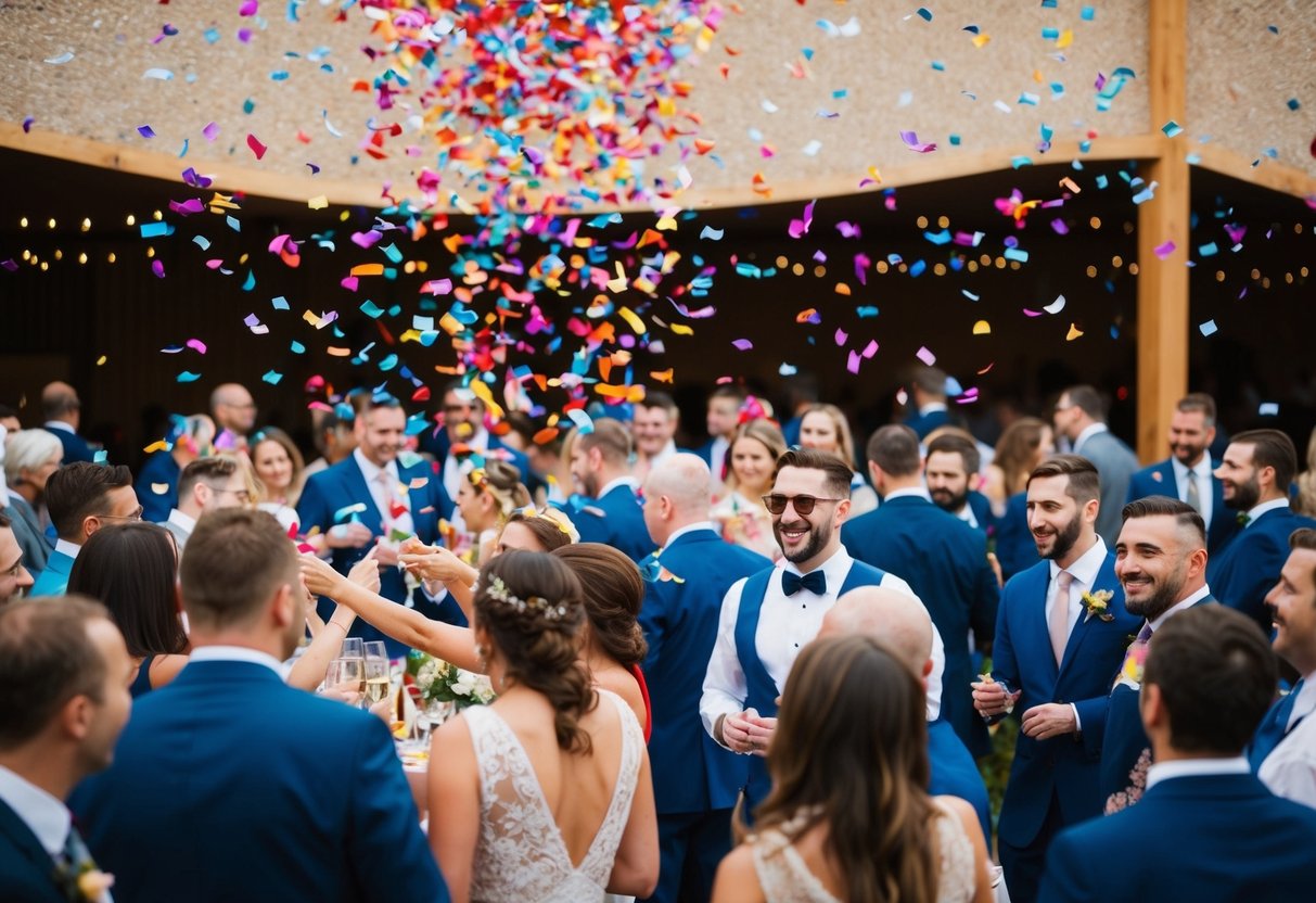 Colorful confetti raining down on a festive gathering of 30 guests
