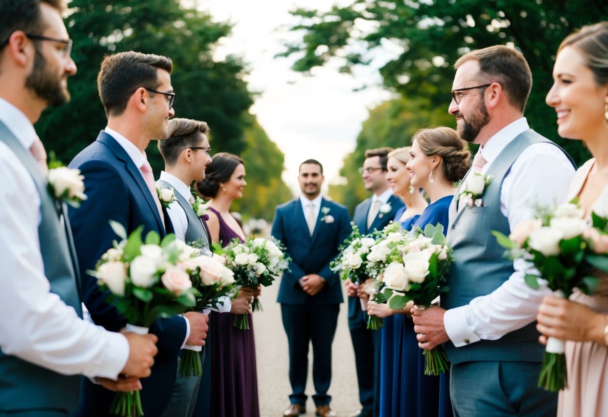 A group of people standing in a line, some holding bouquets or wearing boutonnieres, with a central figure in the middle
