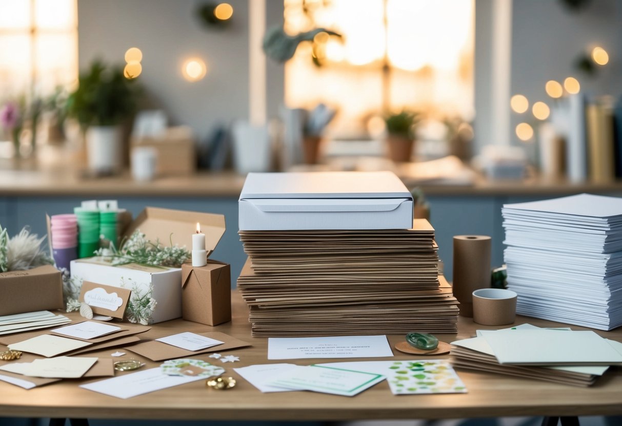 A table with various crafting supplies and a pile of pre-made wedding invitations on one side, and a stack of blank cardstock and decorative elements on the other