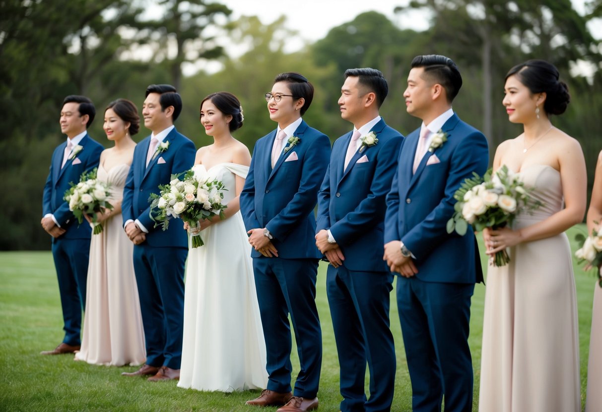 A group of elegantly dressed individuals standing in a line, with some holding bouquets and others wearing boutonnieres, all looking towards a central figure
