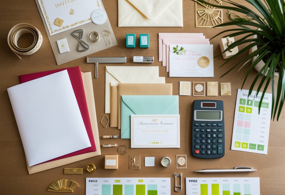 A table with various invitation materials and tools, including cardstock, envelopes, stamps, and decorative elements. A calculator and price comparison chart are also present