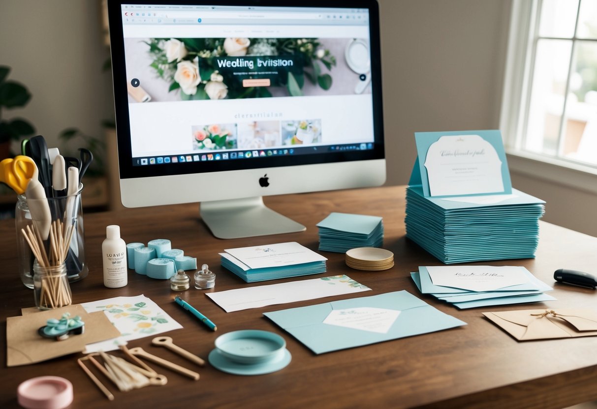 A table with various crafting supplies and a stack of pre-made wedding invitations next to a computer with a wedding invitation website pulled up on the screen