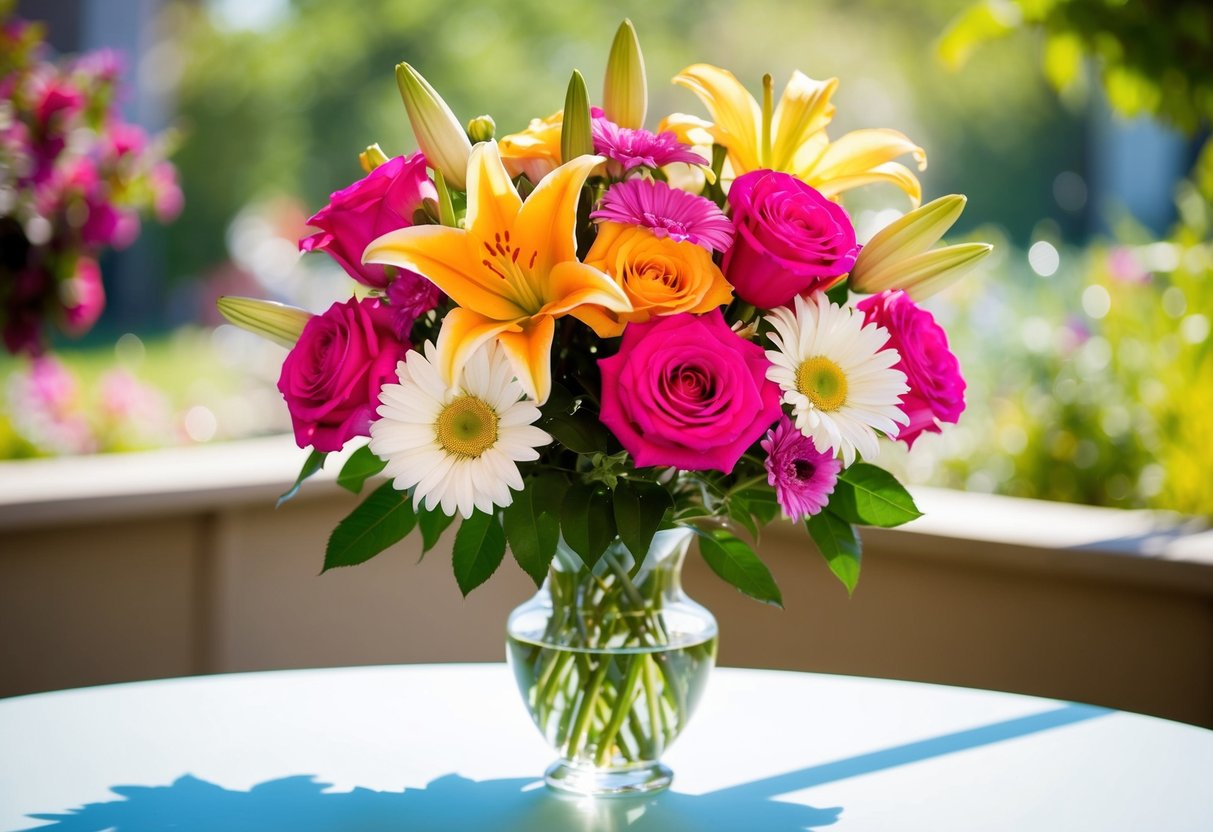 A colorful bouquet of roses, lilies, and daisies arranged in a glass vase on a sunlit table