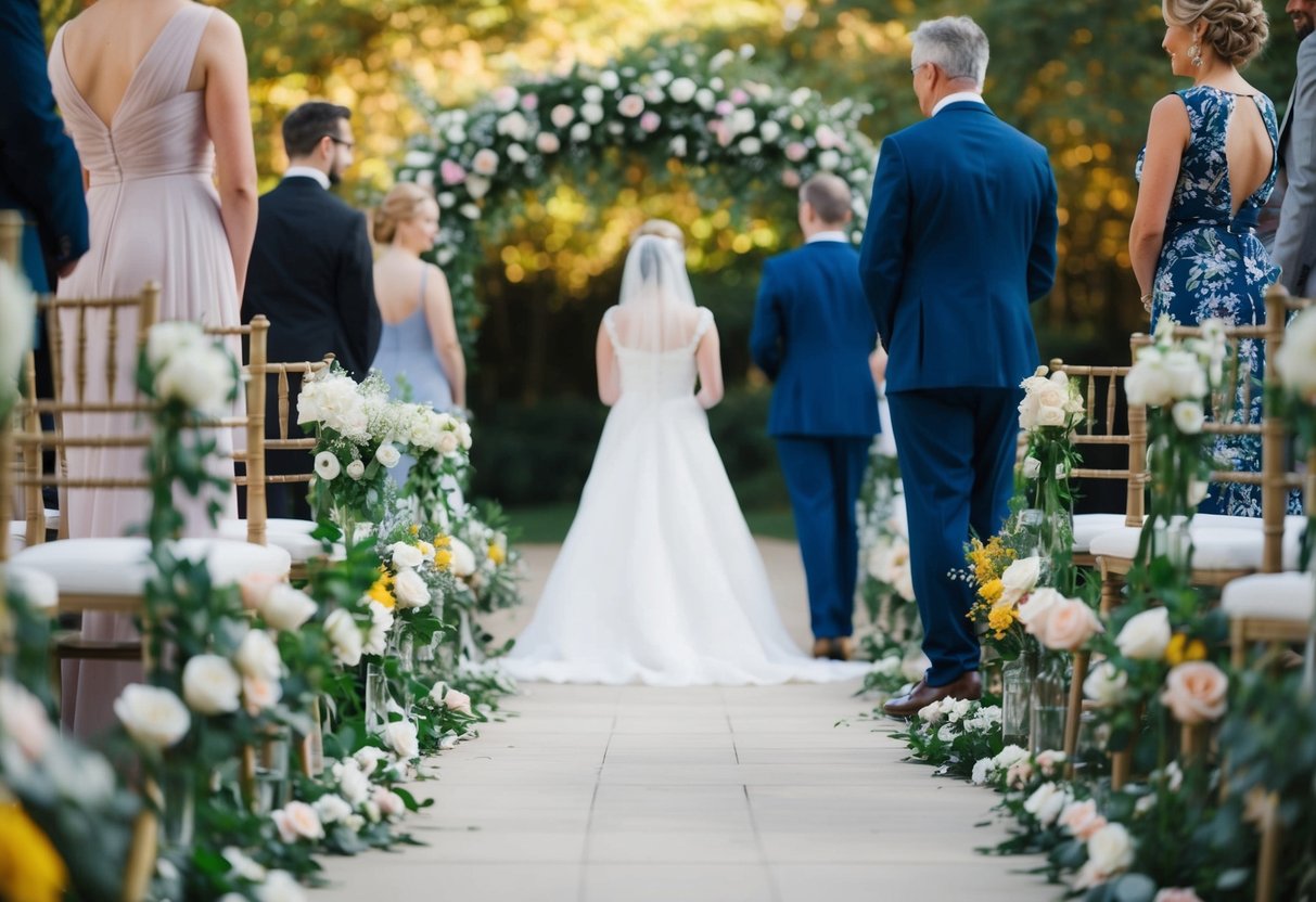 A figure stands at the end of a floral-lined aisle, waiting. Another figure approaches, accompanied by a third